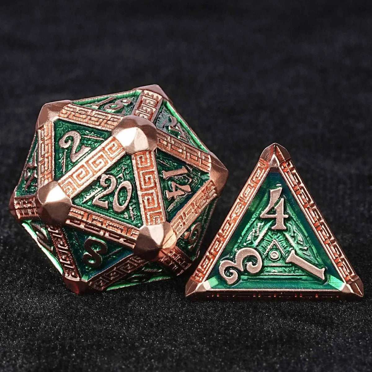 Mayan-Themed Copper and Green Metal DND Dice Set — 7-Piece Zinc Alloy TTRPG Dice