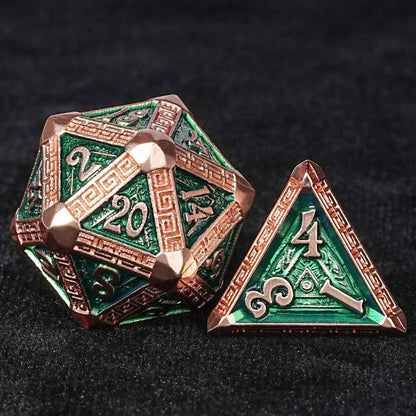 Mayan-Themed Copper and Green Metal DND Dice Set — 7-Piece Zinc Alloy TTRPG Dice