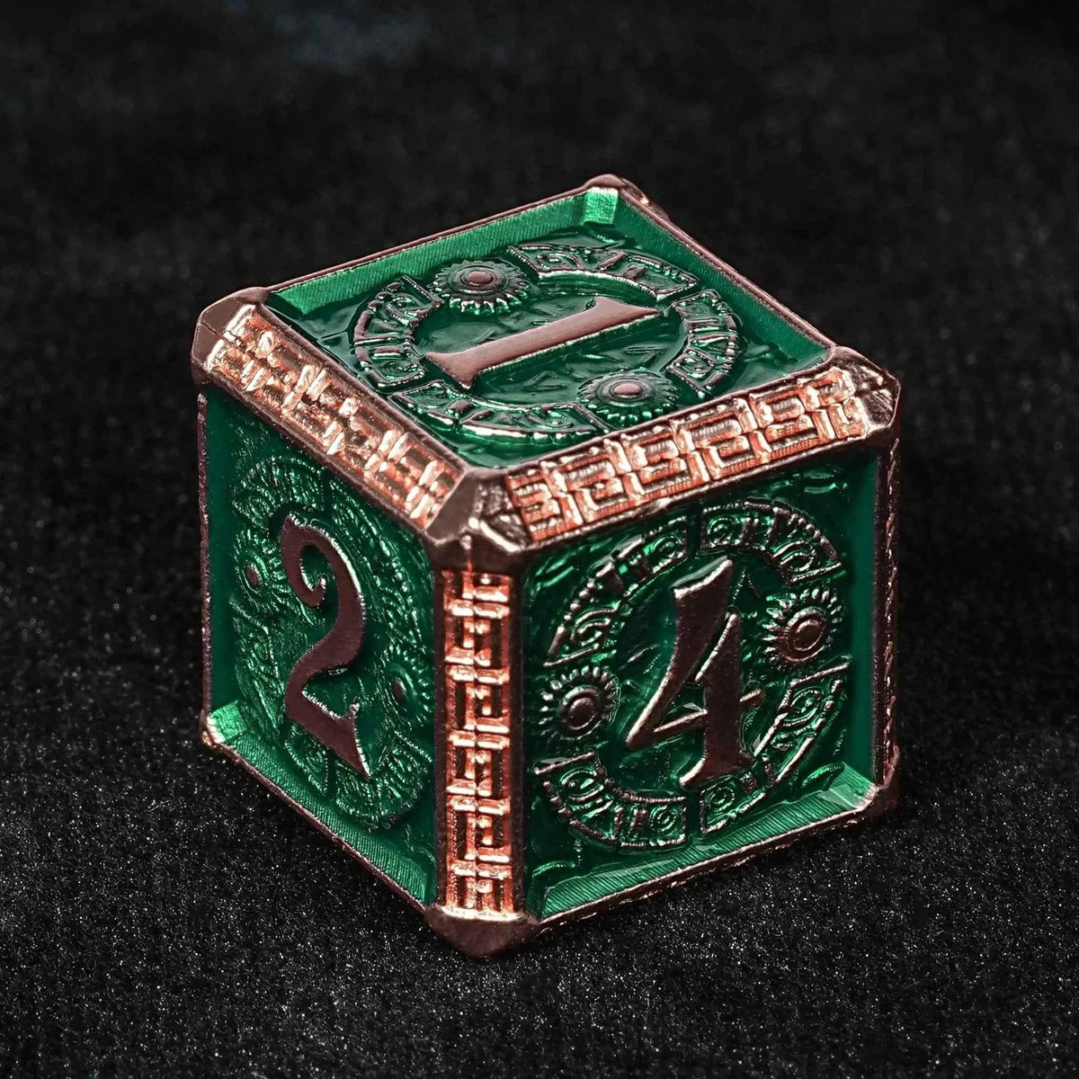 Mayan-Themed Copper and Green Metal DND Dice Set — 7-Piece Zinc Alloy TTRPG Dice