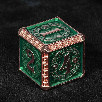 Mayan-Themed Copper and Green Metal DND Dice Set — 7-Piece Zinc Alloy TTRPG Dice