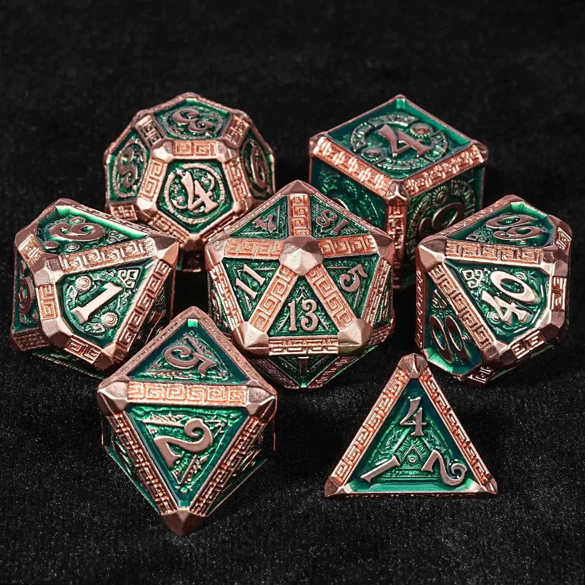 Mayan-Themed Copper and Green Metal DND Dice Set — 7-Piece Zinc Alloy TTRPG Dice