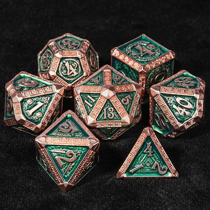 Mayan-Themed Copper and Green Metal DND Dice Set — 7-Piece Zinc Alloy TTRPG Dice