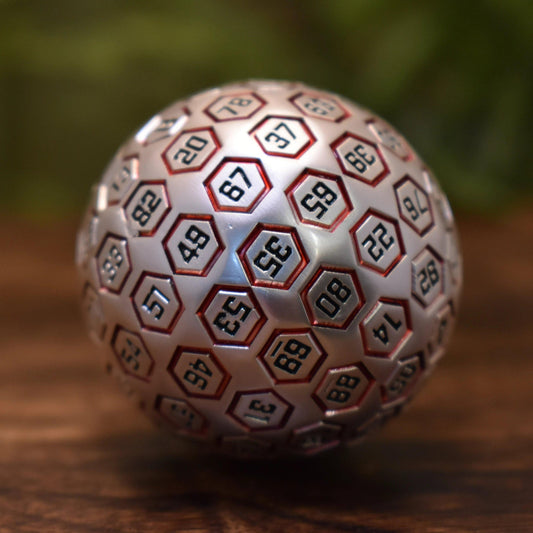 The Orb D100 – Red and Matte Silver Metal Percentile Die