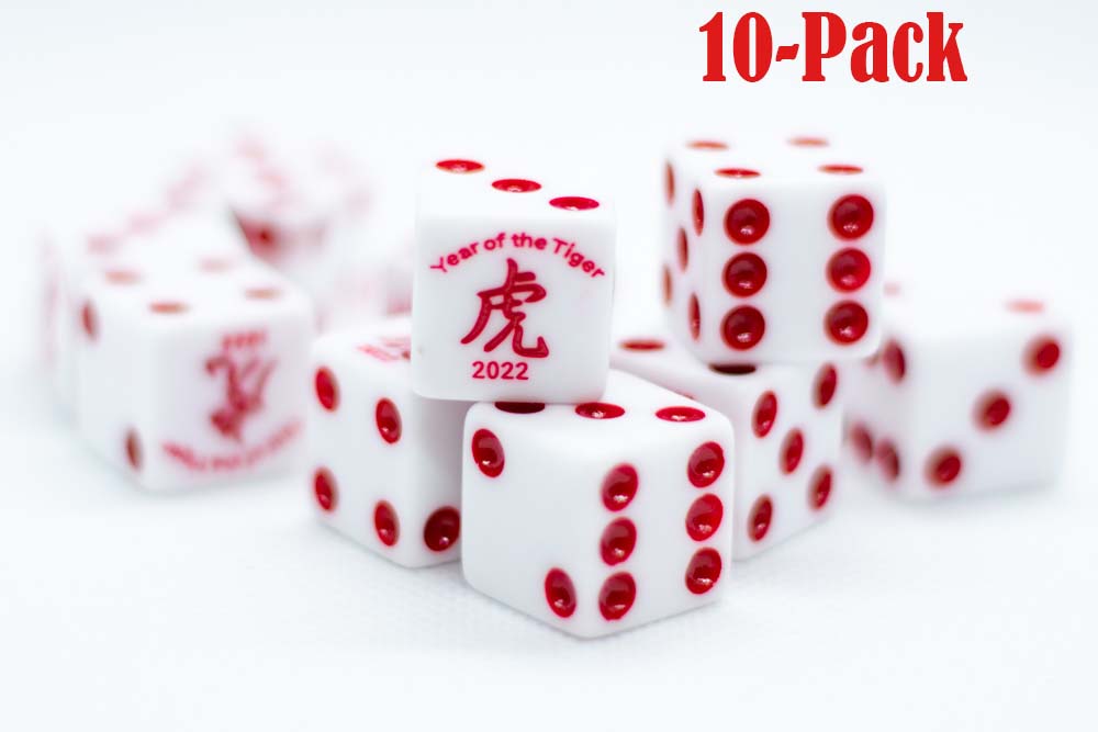 10-Pack Year of the Tiger Opaque White w/Red 16mm d6 Dice on the '1' side