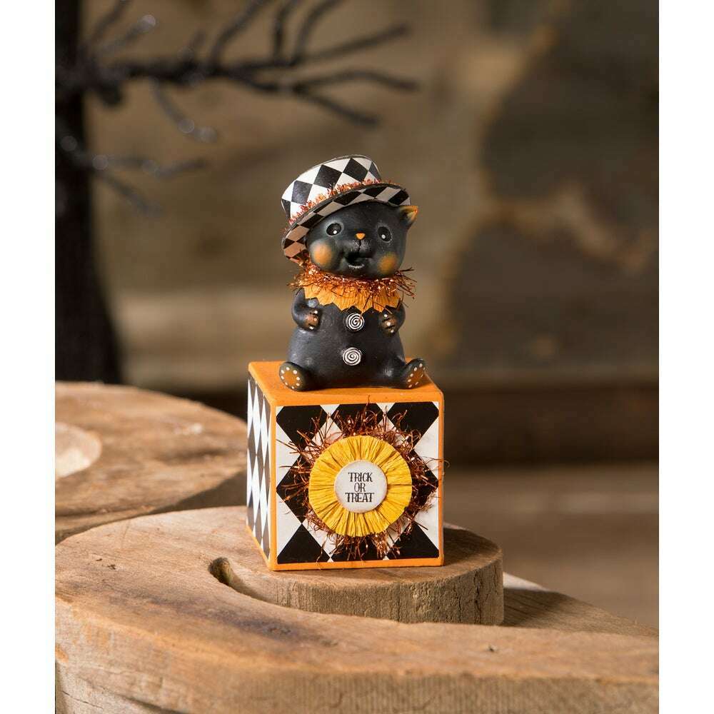 Top Hat Kitty on Block – Hand-Painted Resin Cat Halloween Collectible & Decor