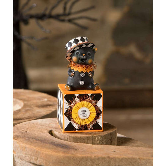 Top Hat Kitty on Block – Hand-Painted Resin Cat Halloween Collectible & Decor
