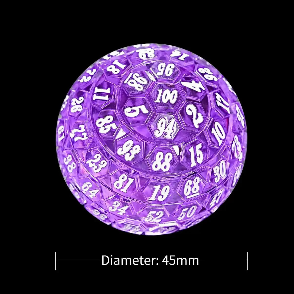 Transparent purple acrylic DND D100 dice with white numbers