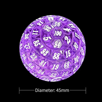 Transparent purple acrylic DND D100 dice with white numbers