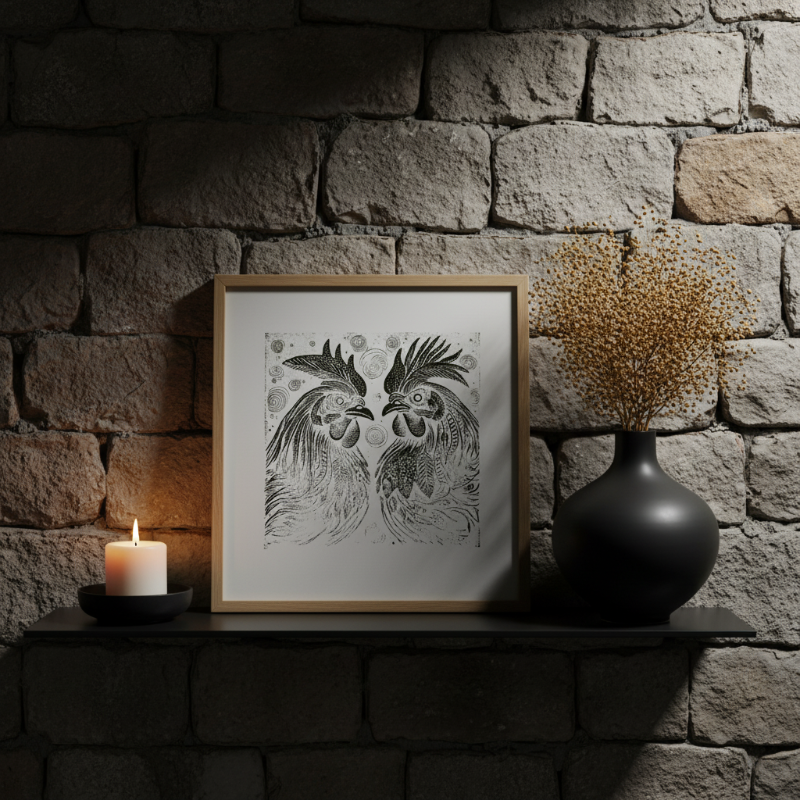 Twin Rooster Folk Art Print Archival Wall Decor