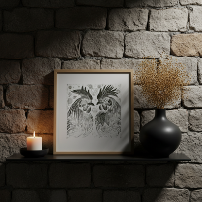 Twin Rooster Folk Art Print Archival Wall Decor
