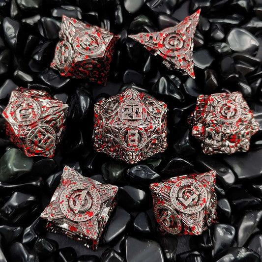 UFO mechanical style metal dice set with blood stains