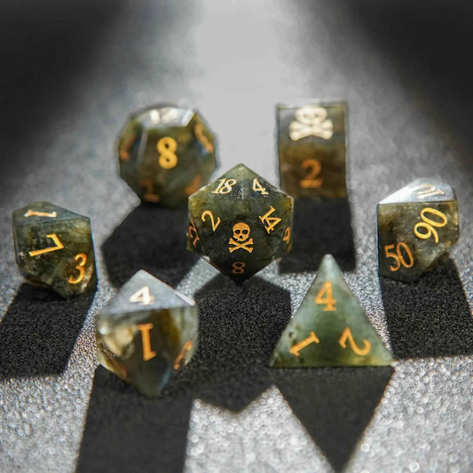 Undead Race Labradorite Gemstone DND Dice Set — Natural Feldspar 7-Piece TTRPG Dice