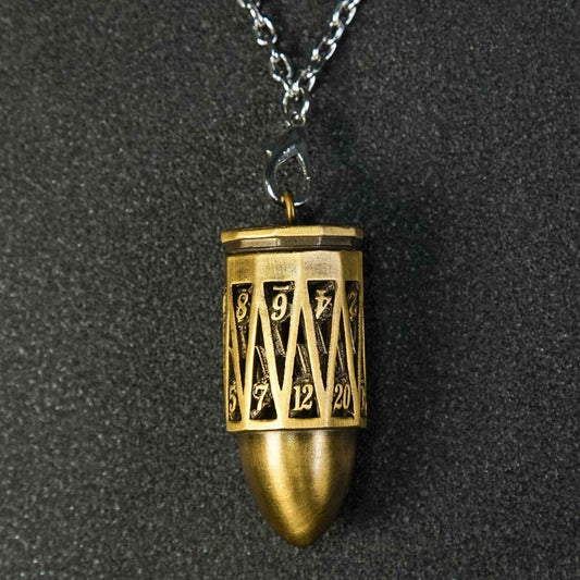 Antique Gold Bullet-Shape D20 Dice Cage Necklace + 7 Mini Metal DND Dice Set