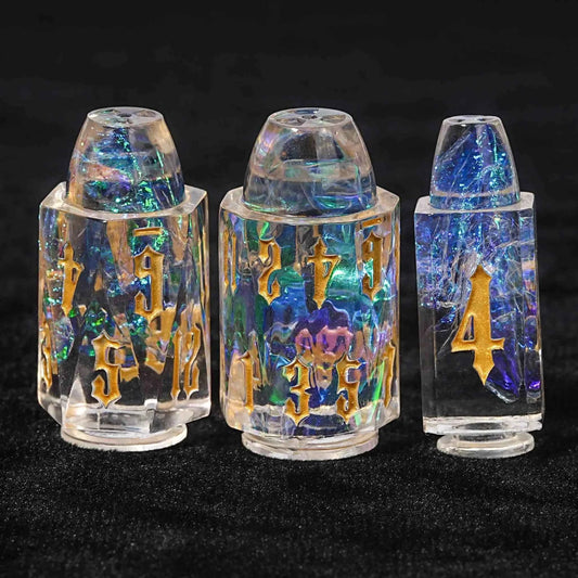 Bullet-Shaped Clear Resin DND Dice Set — 7-Piece TTRPG Dice with Gold Numbers