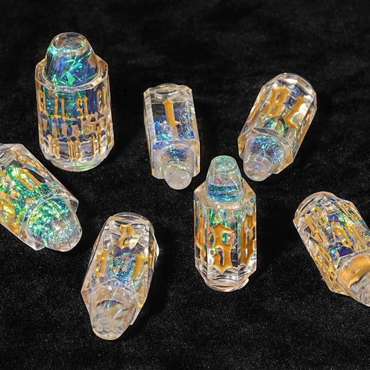 Bullet-Shaped Clear Resin DND Dice Set — 7-Piece TTRPG Dice with Gold Numbers