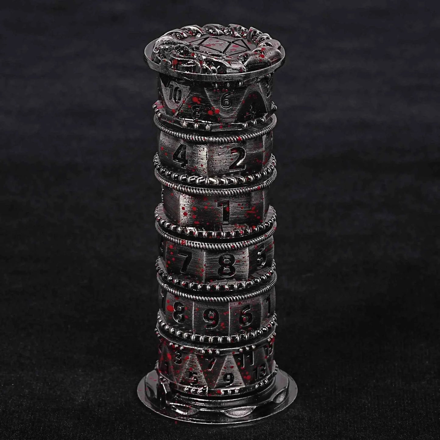 Unique dice tower spinner: black cylinder multi-layer rotating metal dnd dice + red numbers