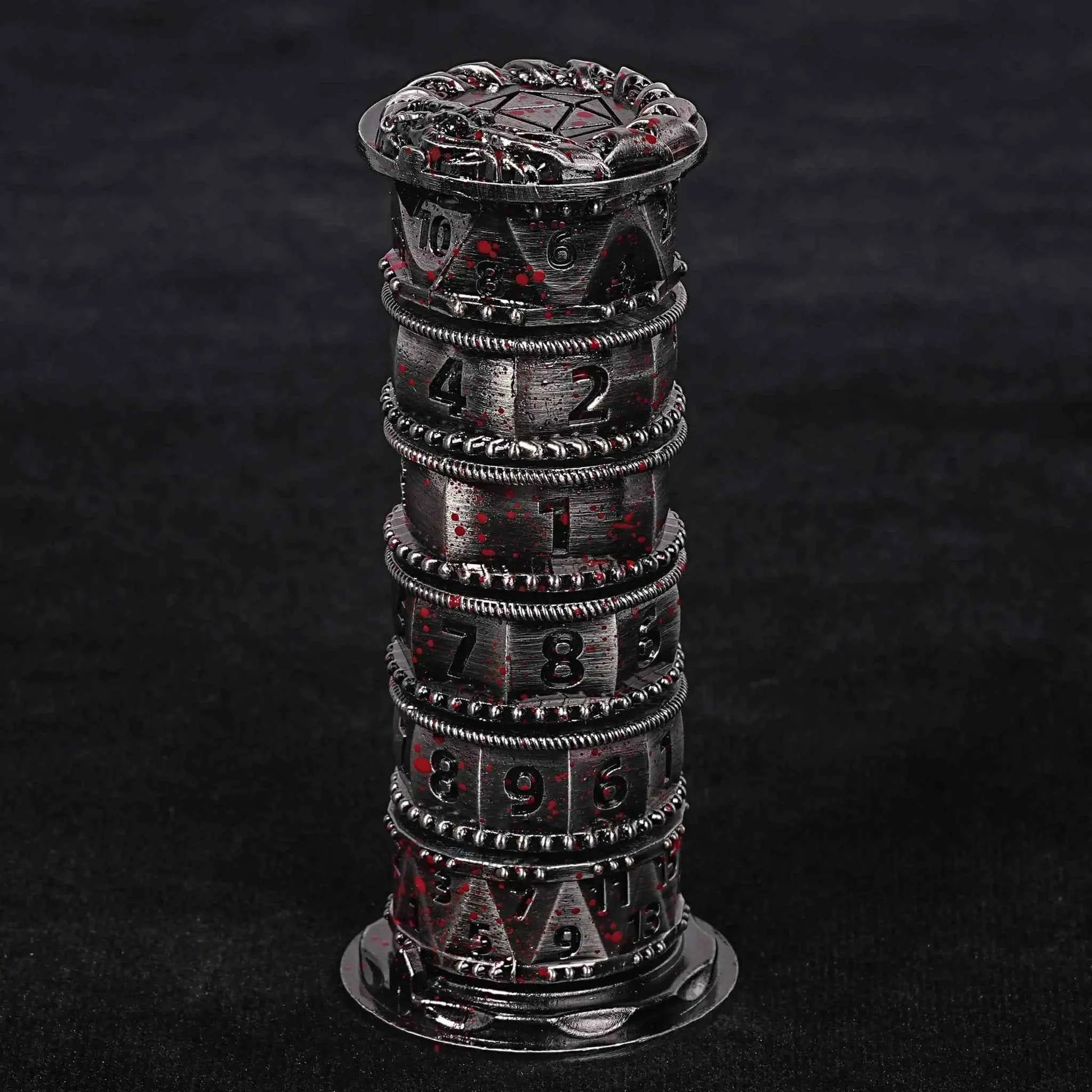 Unique dice tower spinner: black cylinder multi-layer rotating metal dnd dice + red numbers