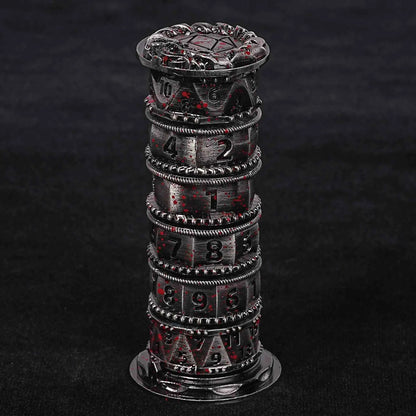 Unique dice tower spinner: black cylinder multi-layer rotating metal dnd dice + red numbers
