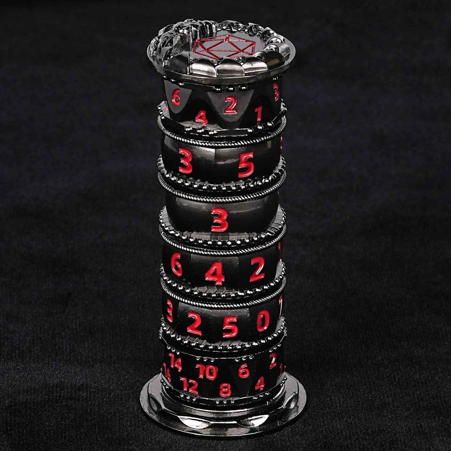 Unique dice tower spinner: black cylinder multi-layer rotating metal dnd dice + red numbers