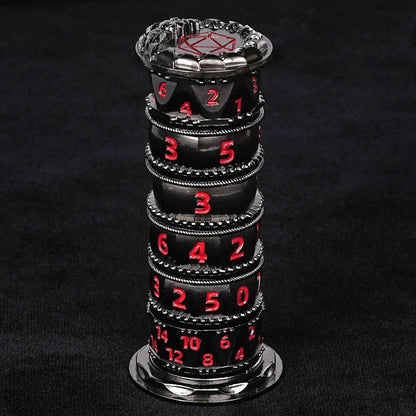 Unique dice tower spinner: black cylinder multi-layer rotating metal dnd dice + red numbers