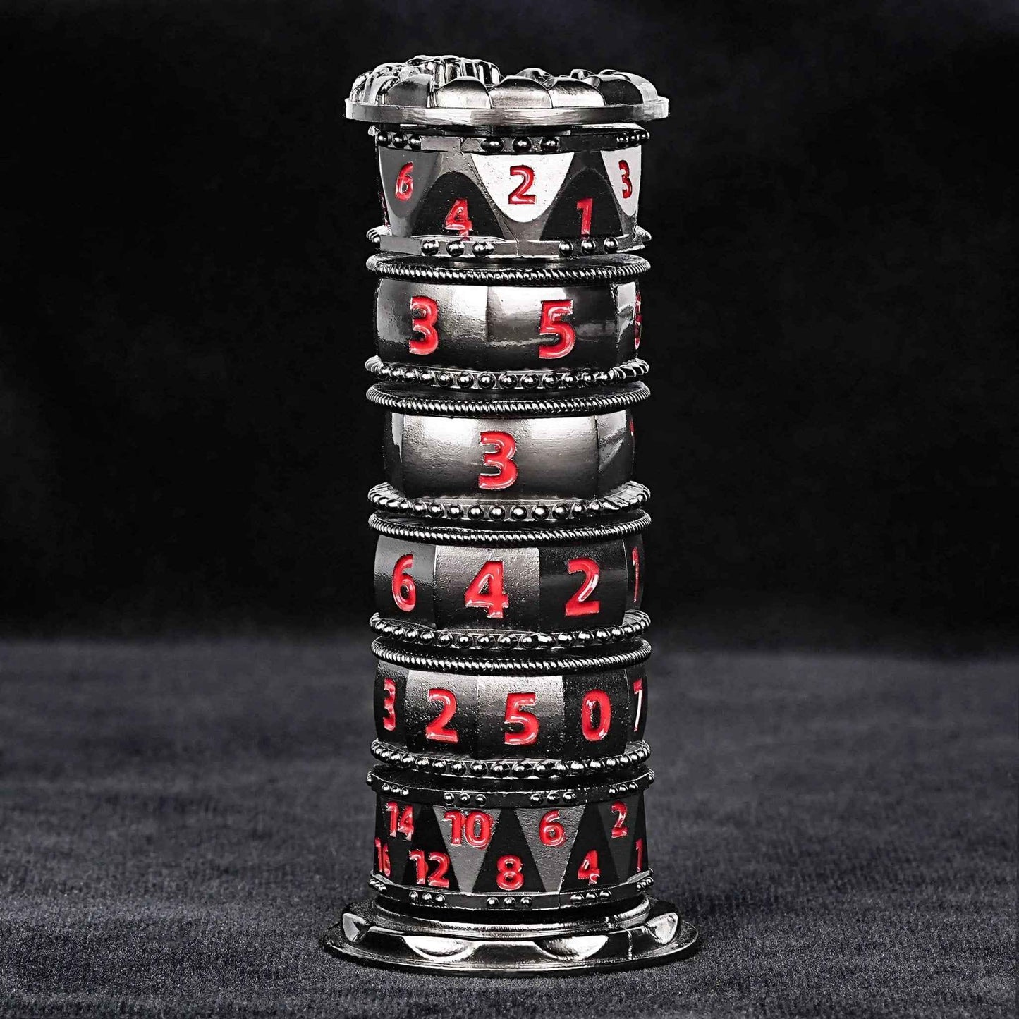 Unique dice tower spinner: black cylinder multi-layer rotating metal dnd dice + red numbers
