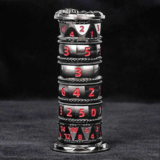 Unique dice tower spinner: black cylinder multi-layer rotating metal dnd dice + red numbers