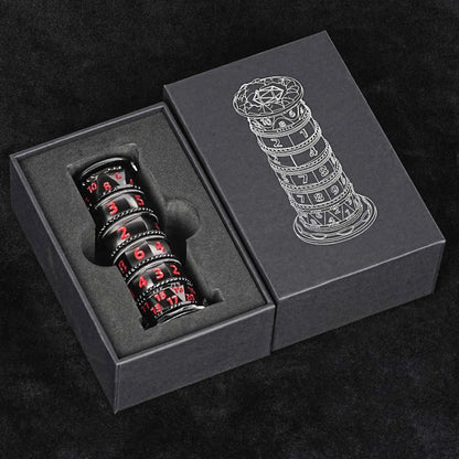 Unique dice tower spinner: black cylinder multi-layer rotating metal dnd dice + red numbers