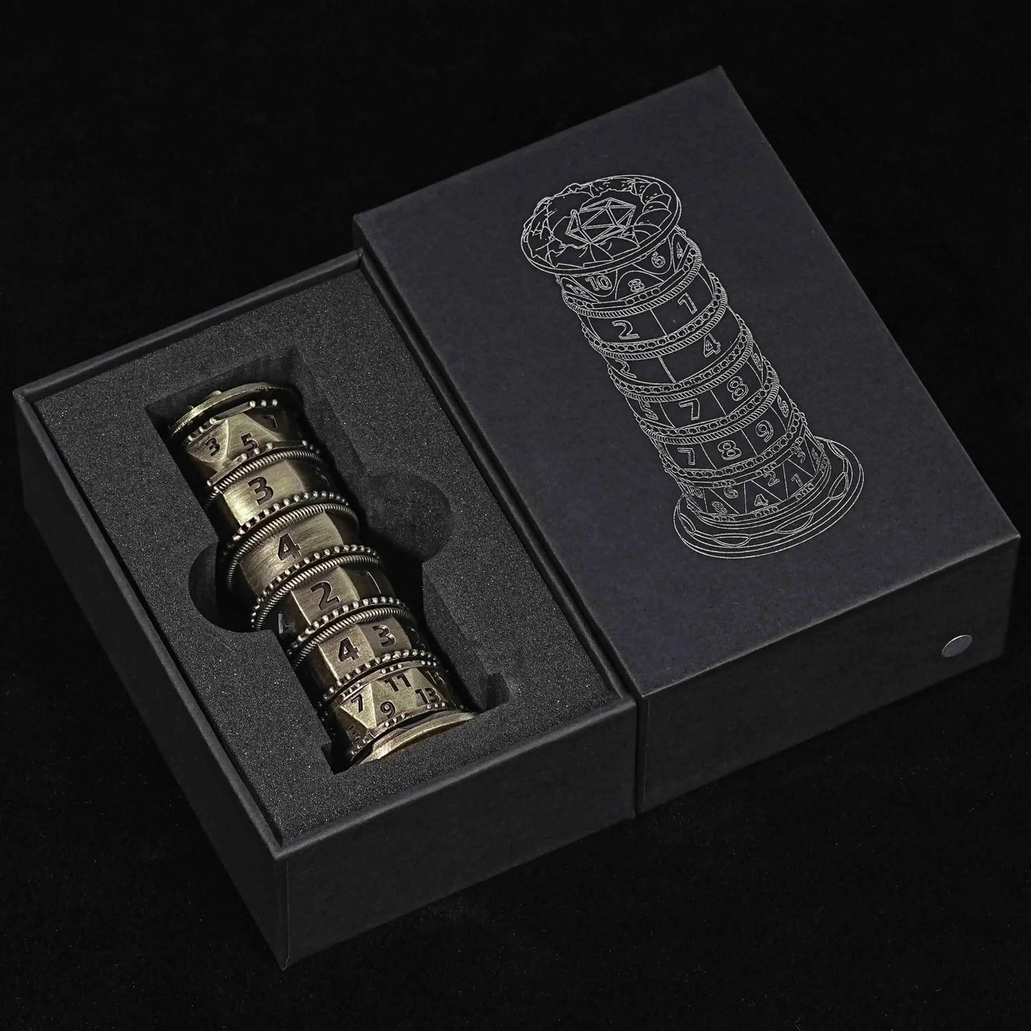 Unique dice tower spinner: black cylinder multi-layer rotating metal dnd dice + red numbers