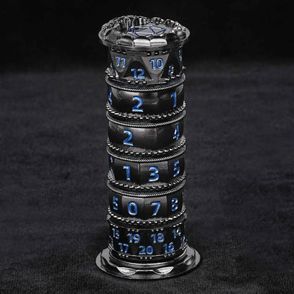 Unique dice tower spinner: black cylinder multi-layer rotating metal dnd dice + red numbers