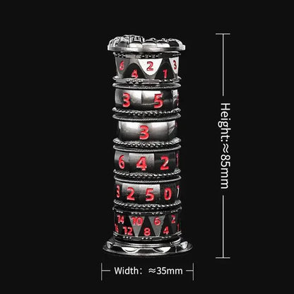 Unique dice tower spinner: black cylinder multi-layer rotating metal dnd dice + red numbers