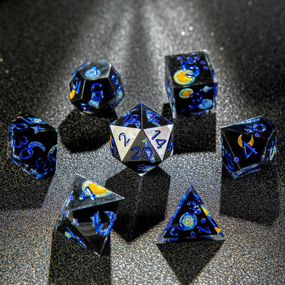 Van Gogh Dark Blue Resin DND Dice Set + Blue Font