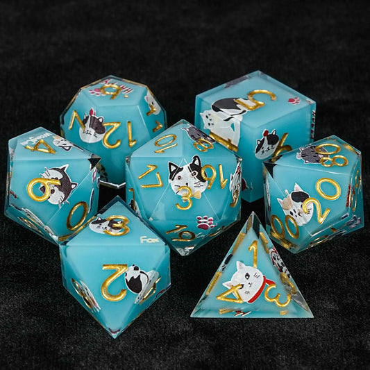 Vintage blues cat resin dnd dice set + gold numbers