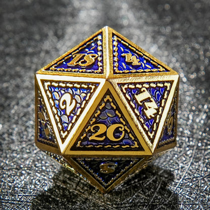 Vintage Luxury: Gold Blue Dragon Scale Metal DND Dice Set