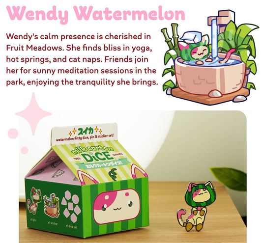 Watermelon Kawaii Cat Dice Set – Milk Carton | Fruit Meadows Collection by 1985 Games