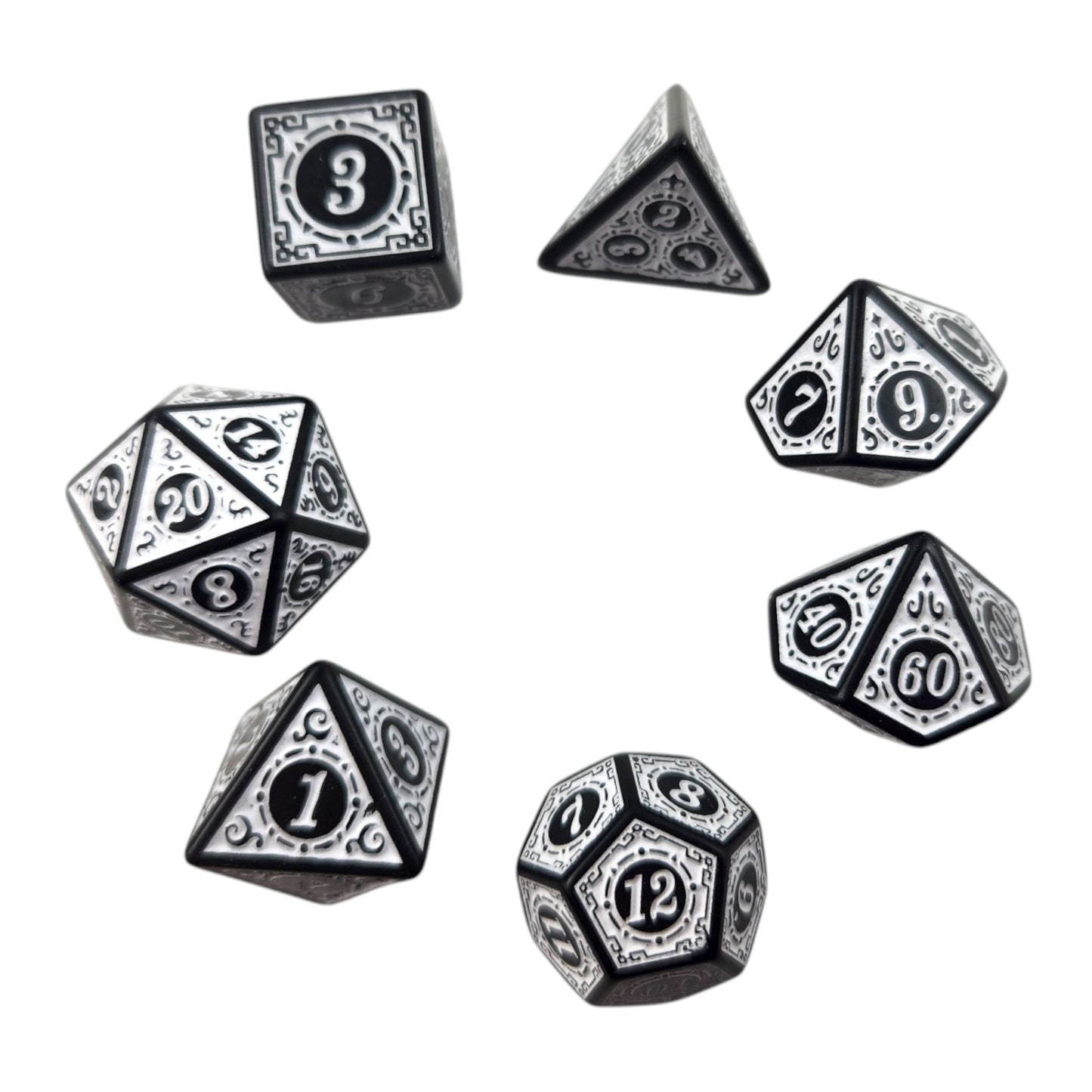White and Black Decorative Dice Set — 7-Piece Polyhedral DND Dice