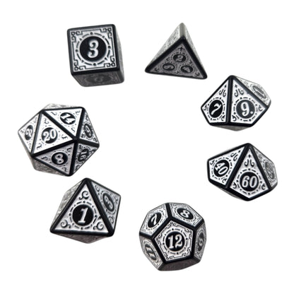 White and Black Decorative Dice Set — 7-Piece Polyhedral DND Dice