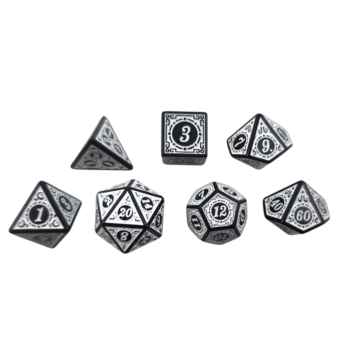 White and Black Decorative Dice Set — 7-Piece Polyhedral DND Dice