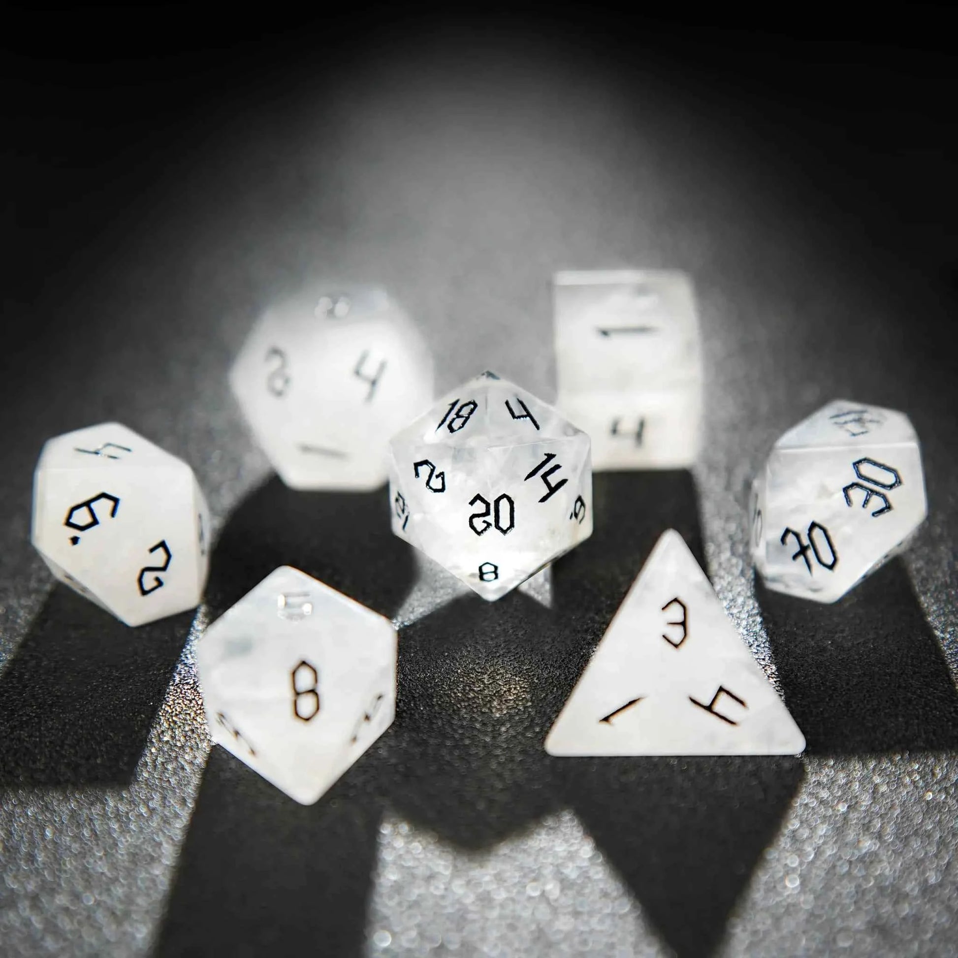 White crystal Black lettered gem D&D dice set