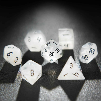 White crystal Black lettered gem D&D dice set