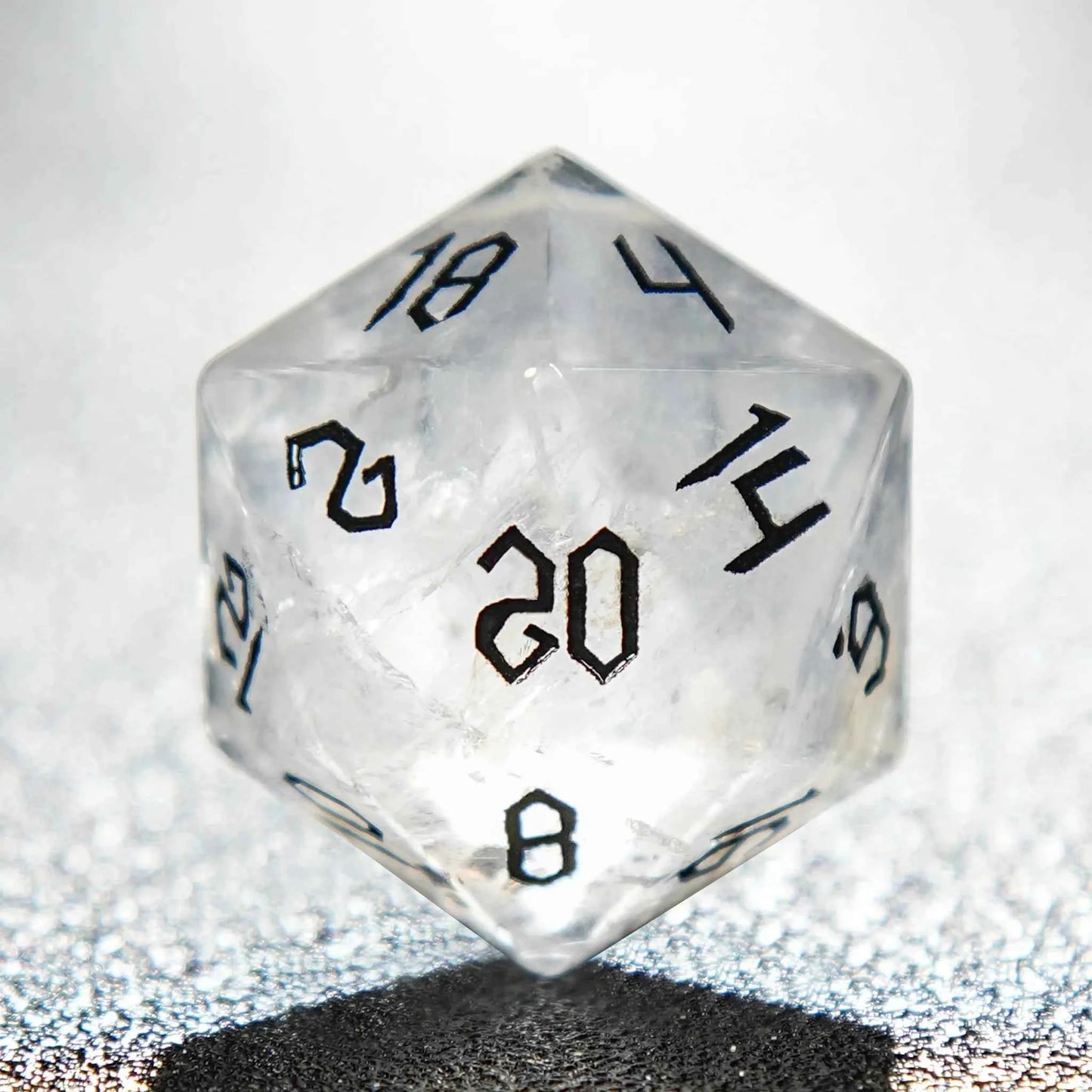 White crystal Black lettered gem D&D dice set