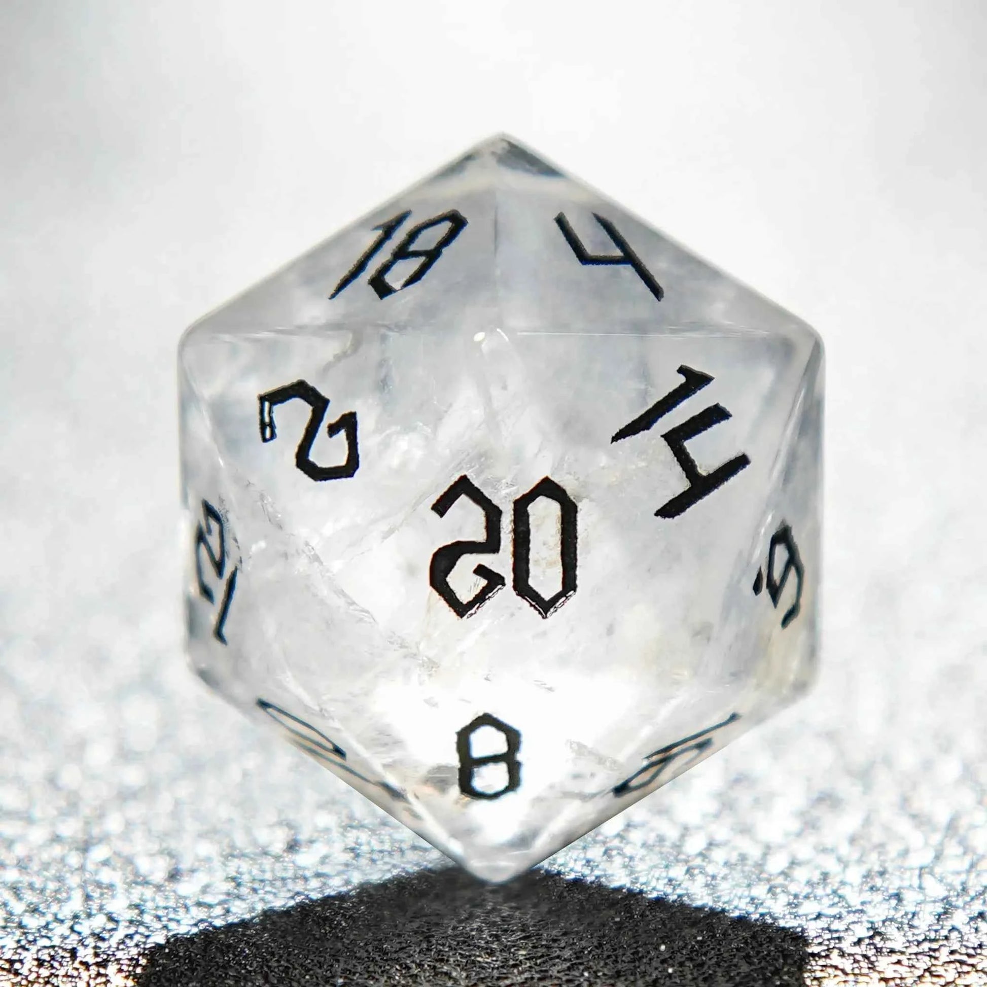 White crystal Black lettered gem D&D dice set