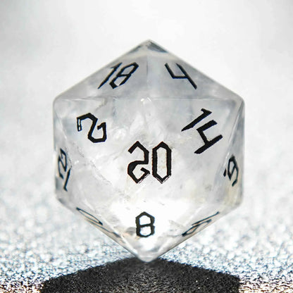 White crystal Black lettered gem D&D dice set