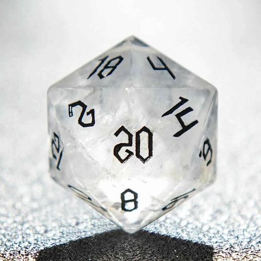 White crystal Black lettered gem D&D dice set