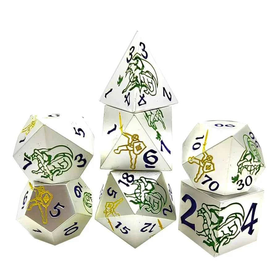White Metal DND Dice Set — Yellow Warrior and Green Dragon 7-Piece Zinc Alloy TTRPG Dice