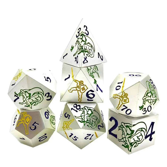 White Metal DND Dice Set — Yellow Warrior and Green Dragon 7-Piece Zinc Alloy TTRPG Dice