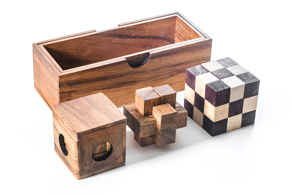 3 Wooden Brain Teaser Puzzle Gift Set - Soma, Snake & Burr