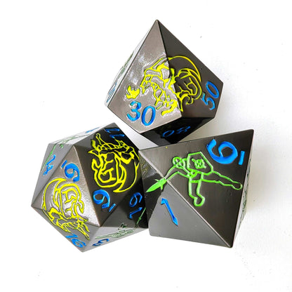 Yellow Dragon and Green Warrior Black Metal DND Dice Set — 7-Piece Zinc Alloy TTRPG Dice