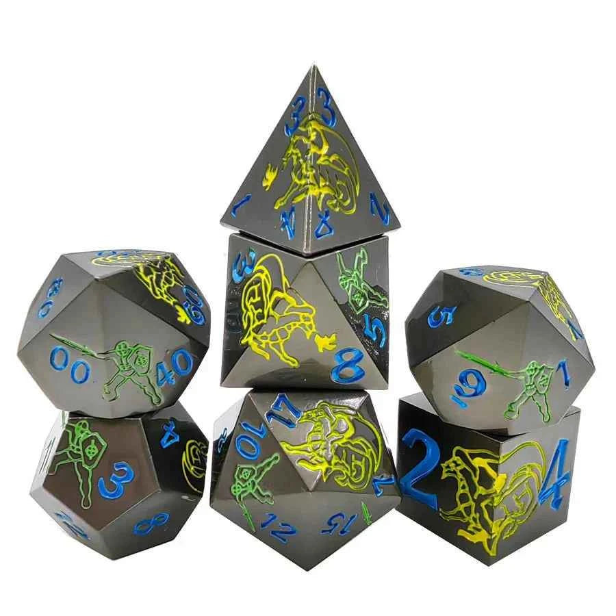 Yellow Dragon and Green Warrior Black Metal DND Dice Set — 7-Piece Zinc Alloy TTRPG Dice