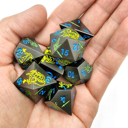 Yellow Dragon and Green Warrior Black Metal DND Dice Set — 7-Piece Zinc Alloy TTRPG Dice