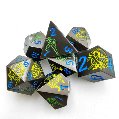Yellow Dragon and Green Warrior Black Metal DND Dice Set — 7-Piece Zinc Alloy TTRPG Dice